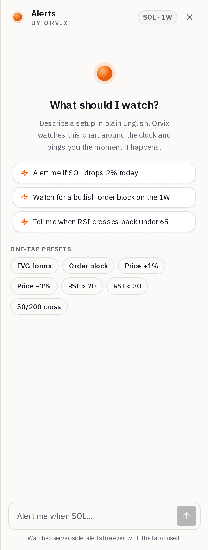 The Orvix alerts panel in Shareabull asking what it should watch